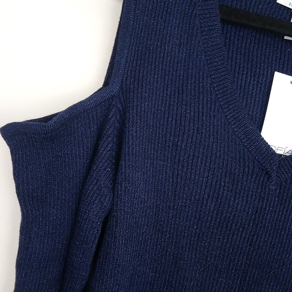 New Ribbed Sparkly Knit V Neck Cold Shoulder Stretchy Sweater Top - Picture 4 of 14